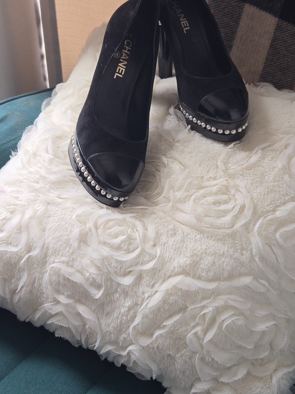 Authentic CHANEL Black Suede and Patent Leather Platform Pumps with Silver Studs